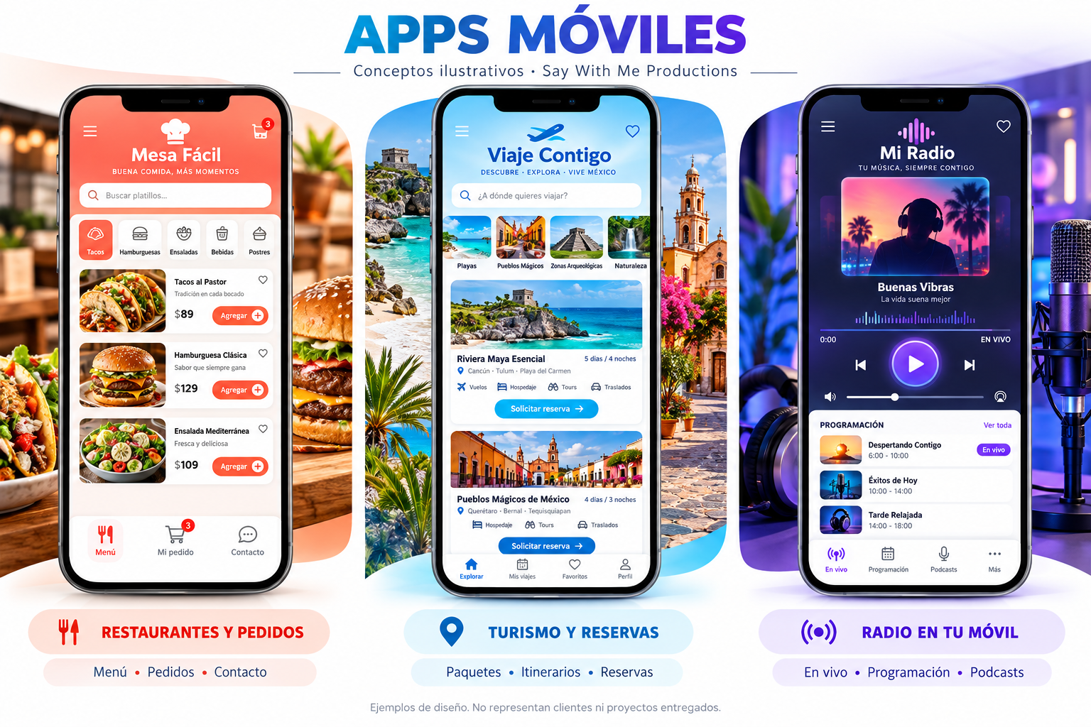 Tres conceptos de apps móviles: restaurantes y pedidos, turismo y reservas, y radio móvil
